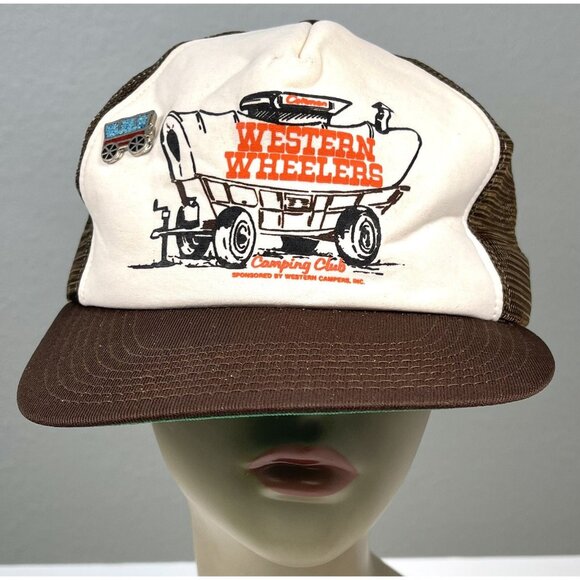 VTG Brown WESTERN WHEELERS CAMPING CLUB Covered Wagon Mesh TRUCKER CAP & PIN USA - Picture 1 of 7